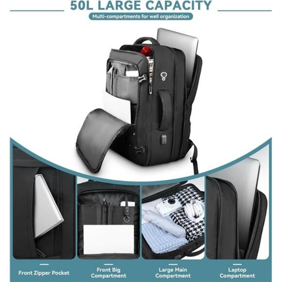Travel Backpack, 50L Expandable Extra Large Laptop Backpack, Carry On Backpack